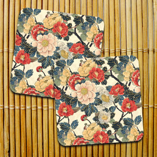Japanese Ukiyo-E Art Floral Pattern Coaster