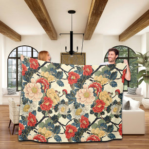 Japanese Ukiyo-E Art Floral Pattern Fleece Blanket