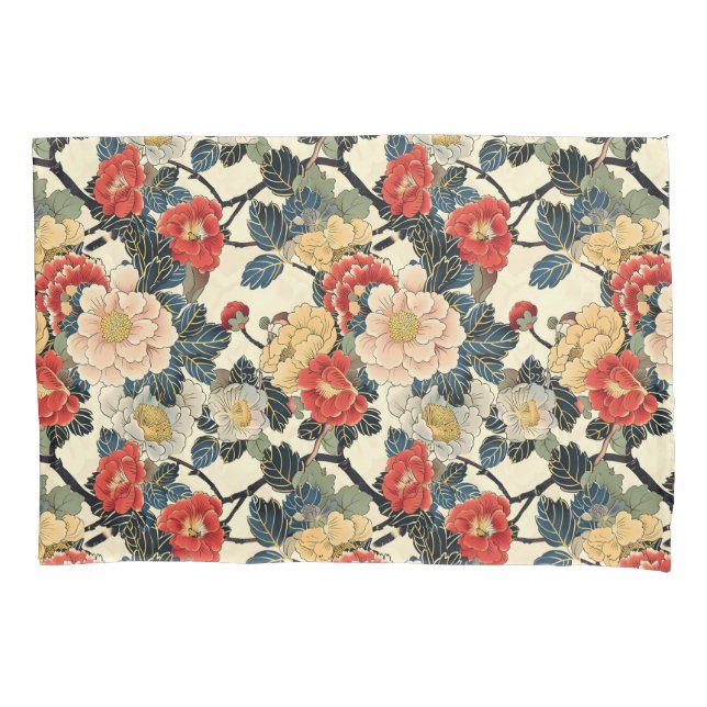 Japanese Ukiyo-E Art Floral Pattern Pillowcase (Front)
