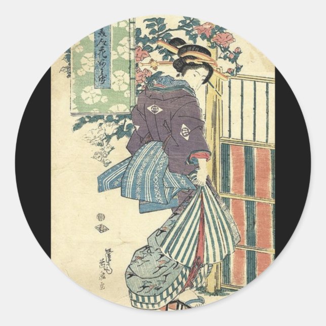 japanese ukiyo-e garden traditional kimono geisha classic round sticker (Front)