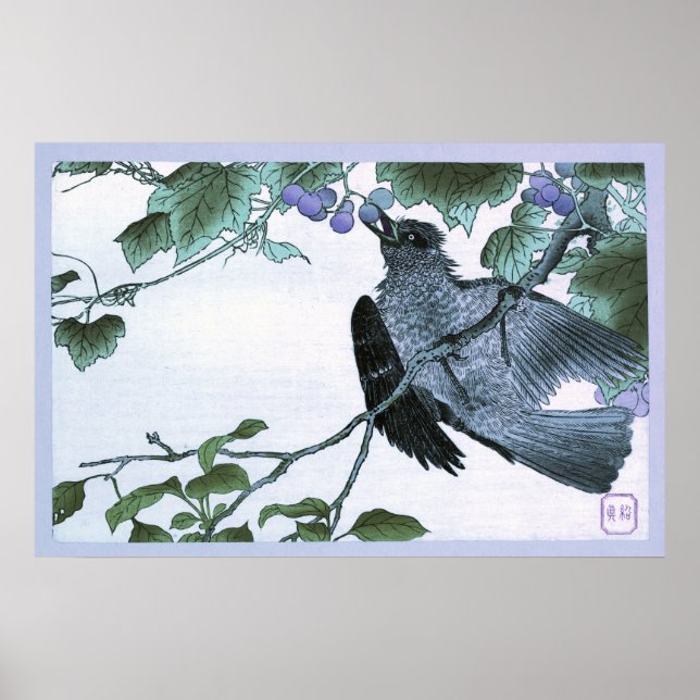 Japanese Ukiyo-e Print of a Bird eating Grapes (Front)