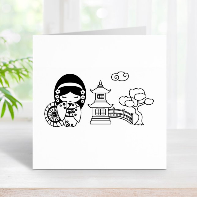 Japanese Umbrella Geisha Girl in Kimono Scrapbook Rubber Stamp (Creator Uploaded)