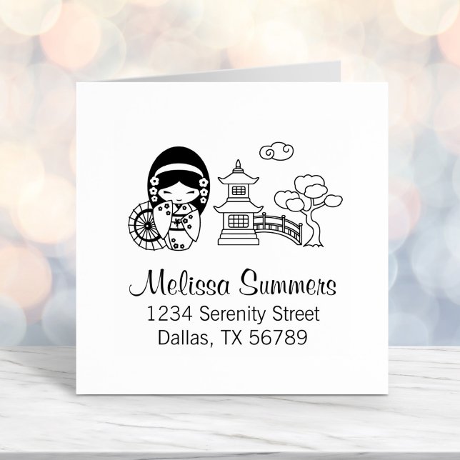 Japanese Umbrella Girl in Kimono Address Self-inking Stamp (Creator Uploaded)