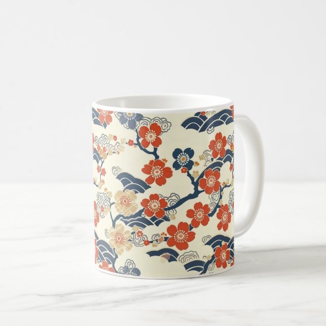 Japanese Ume Plum Blossoms Navy Wave Cream Coffee Mug (Front Right)