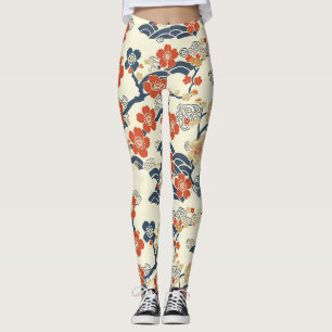 Japanese Ume Plum Blossoms Navy Wave Cream Leggings