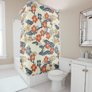 Japanese Ume Plum Blossoms Navy Wave Cream Shower Curtain