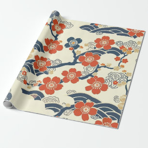 Japanese Ume Plum Blossoms Navy Wave Cream Wrapping Paper