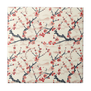 Japanese Ume Red Coral Blossom Ivory Wave Pattern Tile