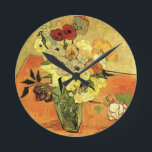 Japanese Vase, Roses, Anemones by Vincent van Gogh Round Clock<br><div class="desc">Still Life: Japanese Vase with Roses and Anemones by Vincent van Gogh is a vintage fine art post impressionism floral painting featuring a Japanese vase with a bouquet of beautiful garden roses and anemone flowers. About the artist: Vincent Willem van Gogh (1853 -1890) was one of the most famous Post...</div>