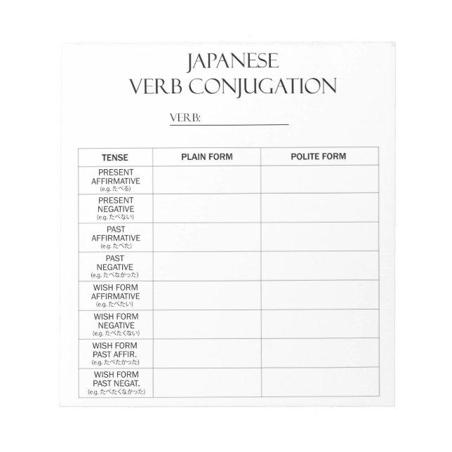 Japanese | Verbs Conjugation Practice (8 Tenses) Notepad (Front)