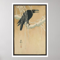 Japanese Vintage Art Image  of Black Crow in Snow