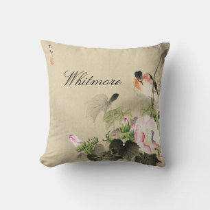 Japanese Vintage Bird Pink Blossom Print Throw Pil Cushion