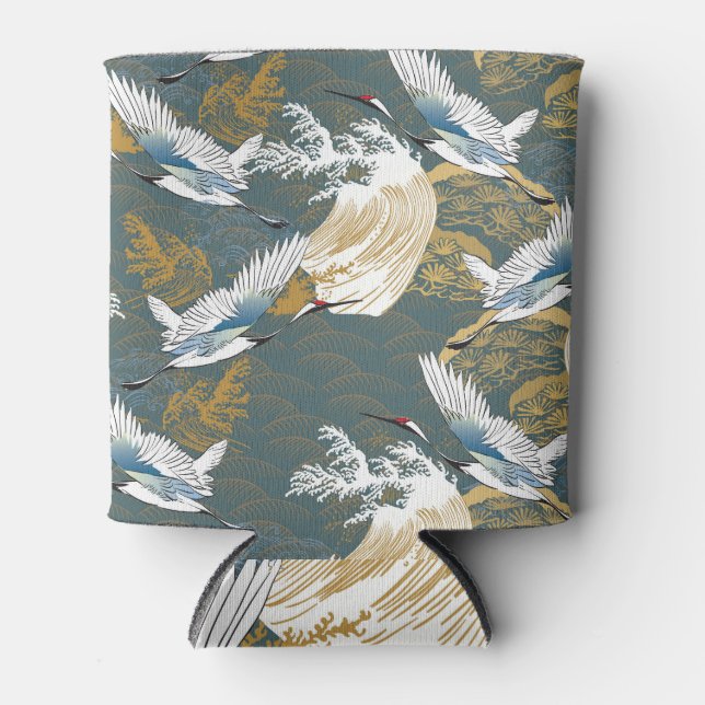 Japanese Vintage Crane Birds Pattern Can Cooler (Front)