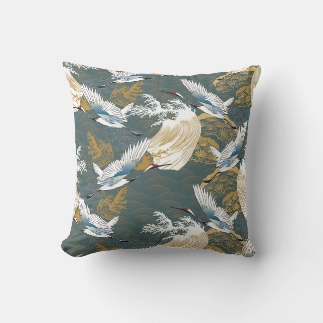Japanese Vintage Crane Birds Pattern Cushion (Front)