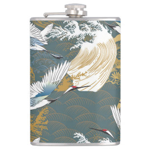 Japanese Vintage Crane Birds Pattern Hip Flask