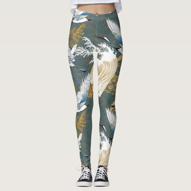 Japanese Vintage Crane Birds Pattern Leggings (Front)