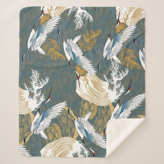 Japanese Vintage Crane Birds Pattern Sherpa Blanket (Front)