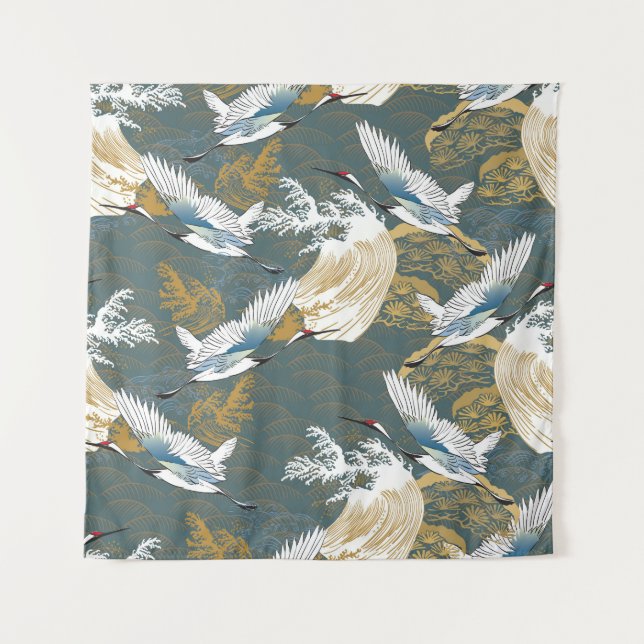 Japanese Vintage Crane Birds Pattern Tapestry (Front)