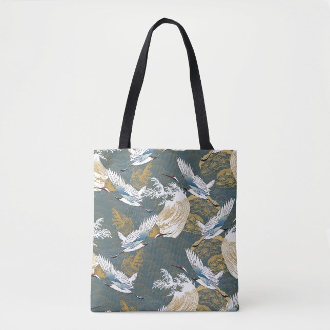 Japanese Vintage Crane Birds Pattern Tote Bag (Front)