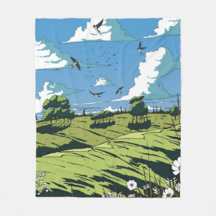 Japanese Vintage Landscape At Night Fleece Blanket