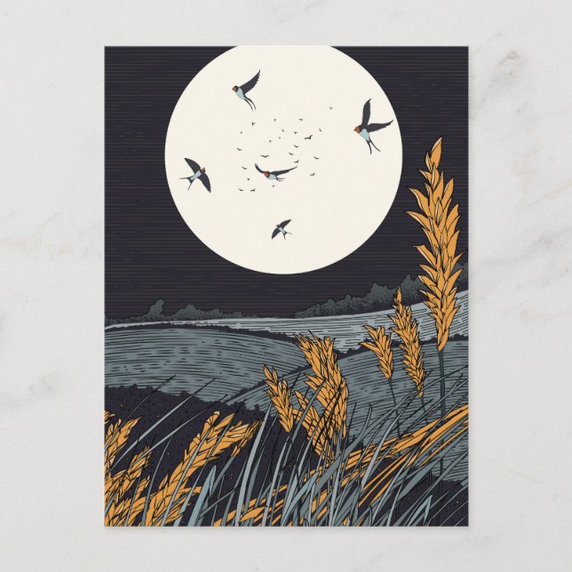 Japanese Vintage Landscape At Night Postcard (Front)