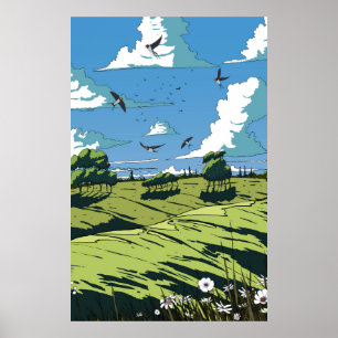 Japanese Vintage Landscape At Night Poster