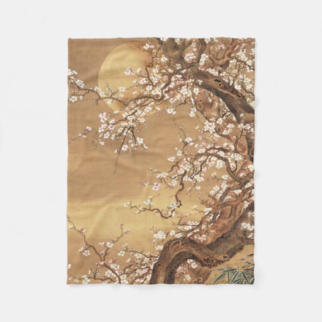 Japanese vintage plum blossoms in moonlight fleece blanket (Front)
