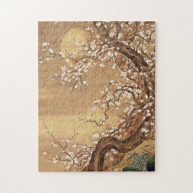 Japanese vintage plum blossoms in moonlight jigsaw puzzle (Vertical)