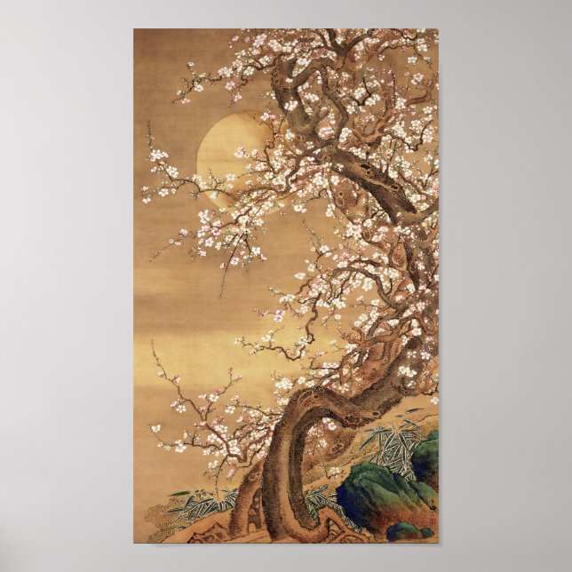 Japanese vintage plum blossoms in moonlight poster (Front)