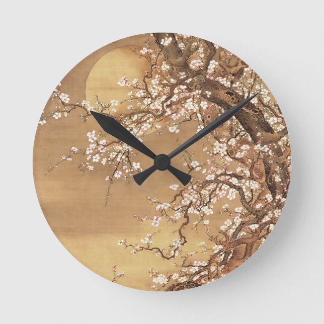 Japanese vintage plum blossoms in moonlight round clock (Front)
