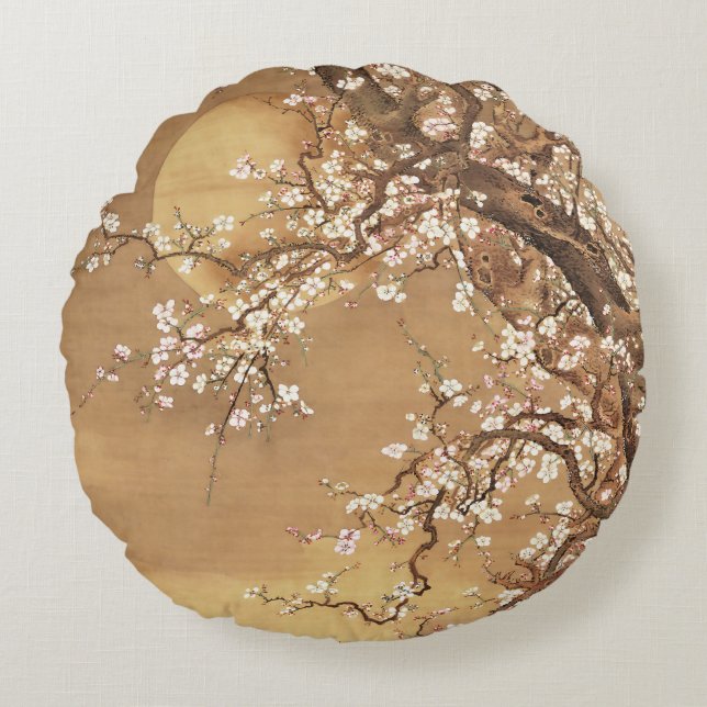 Japanese vintage plum blossoms in moonlight round cushion (Front)