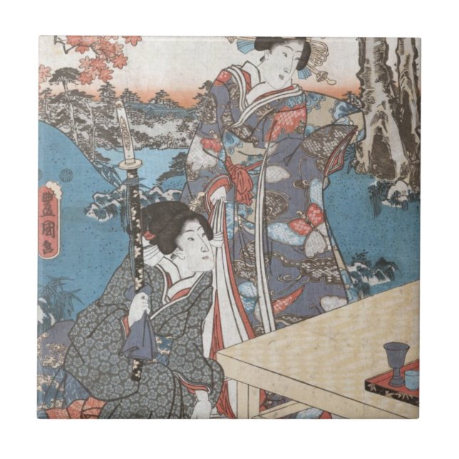 Japanese vintage ukiyo-e geisha tile (Front)