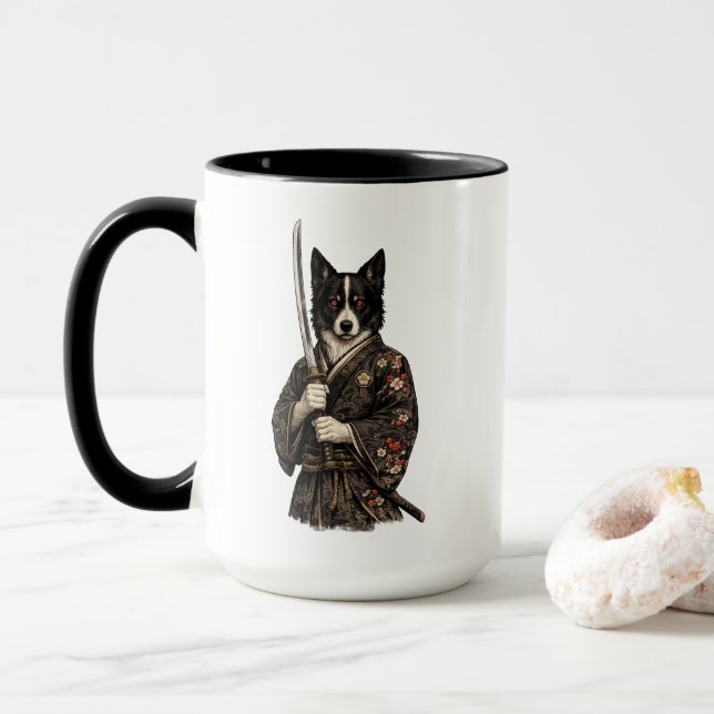 Japanese Warrior Dog Fantasy Art Coffee Cup (With Donut)