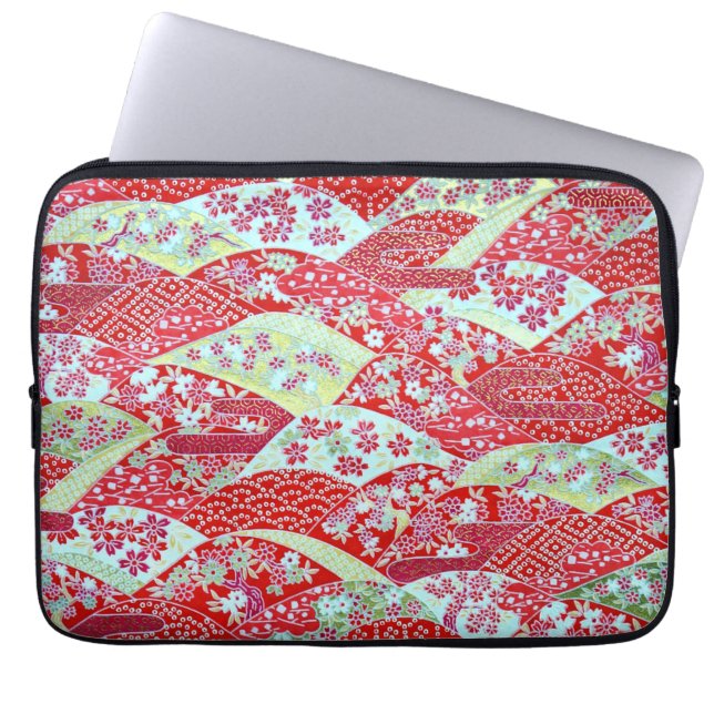 Japanese Washi Art Red Floral Origami Yuzen Laptop Sleeve (Front)