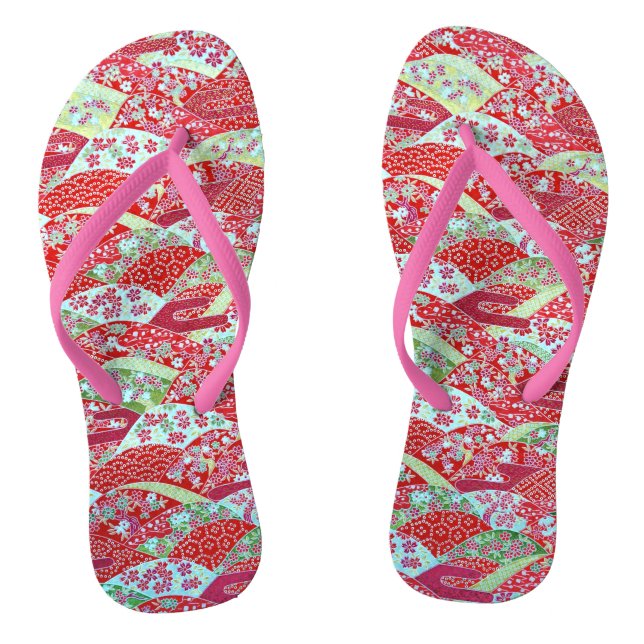 Japanese Washi Art Red Floral Origami Yuzen Pink Jandals (Footbed)