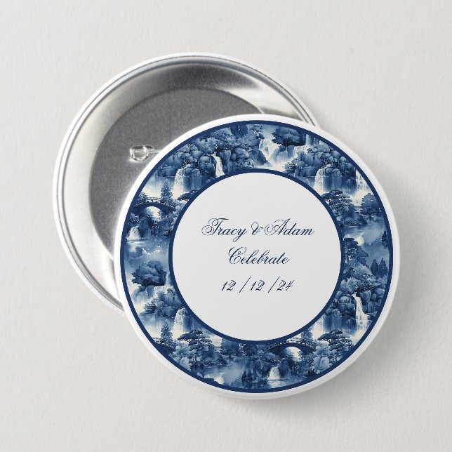 Japanese water garden in a blue white porcelain 7.5 cm round badge (Front & Back)