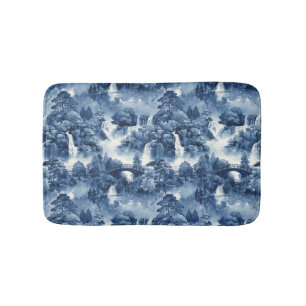 Japanese water garden in a blue white porcelain bath mat