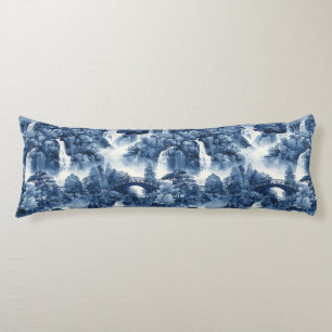Japanese water garden in a blue white porcelain body cushion