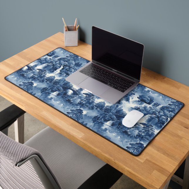 Japanese water garden in a blue white porcelain desk mat (Office 2)