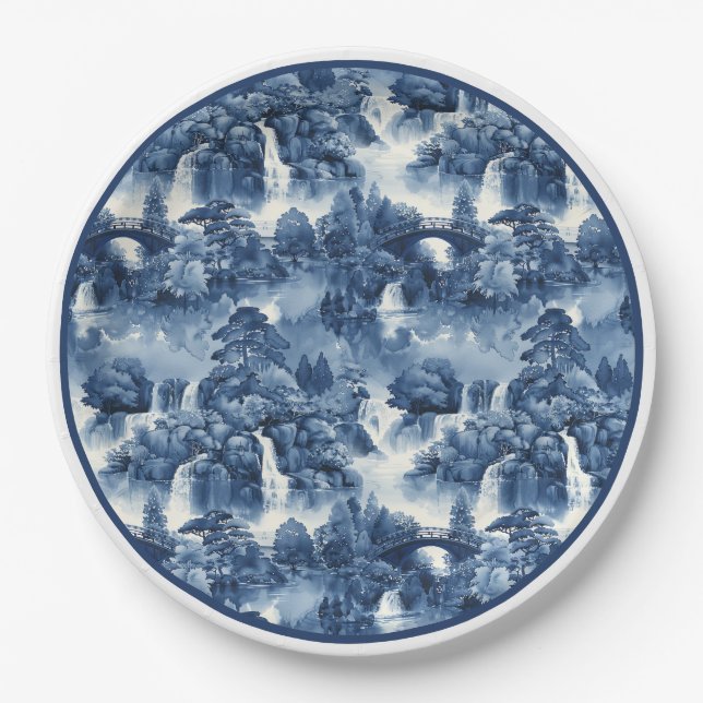 Japanese water garden in a blue white porcelain paper plate (Front)
