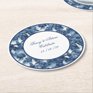 Japanese water garden in a blue white porcelain round paper coaster
