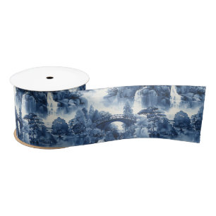 Japanese water garden in a blue white porcelain satin ribbon