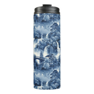 Japanese water garden in a blue white porcelain thermal tumbler