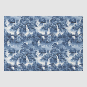 Japanese water garden in a blue white porcelain tissue paper