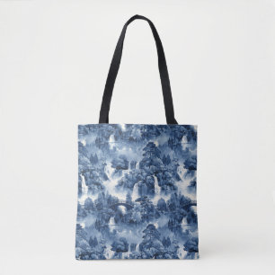 Japanese water garden in a blue white porcelain tote bag