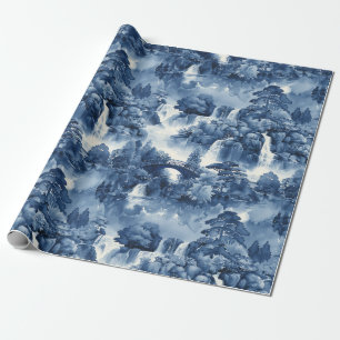 Japanese water garden in a blue white porcelain wrapping paper