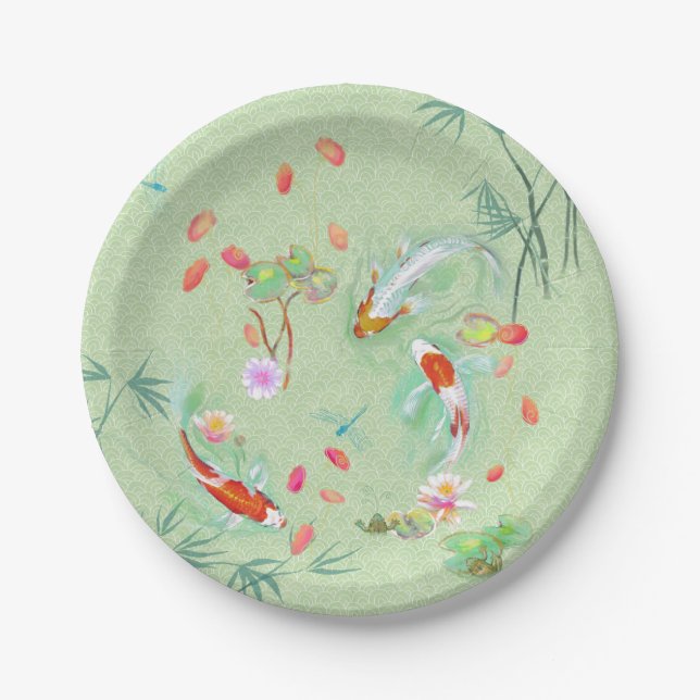 Japanese Water Garden on Light Green Paper Plates (Front)