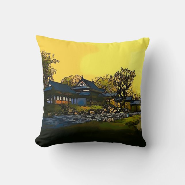 Japanese Watercolor Art Plush Throw Pillow (Front)