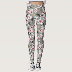 Japanese Watercolor Art Sakura Blossom Swallow  Leggings