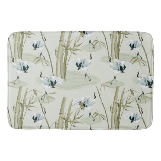 Japanese Watercolor Asian Art Bamboo Bird Pattern Bath Mat (Front)